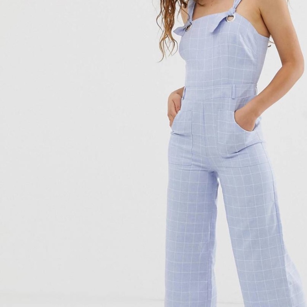 ASOS tie shoulder jumpsuit in grid check chambray!